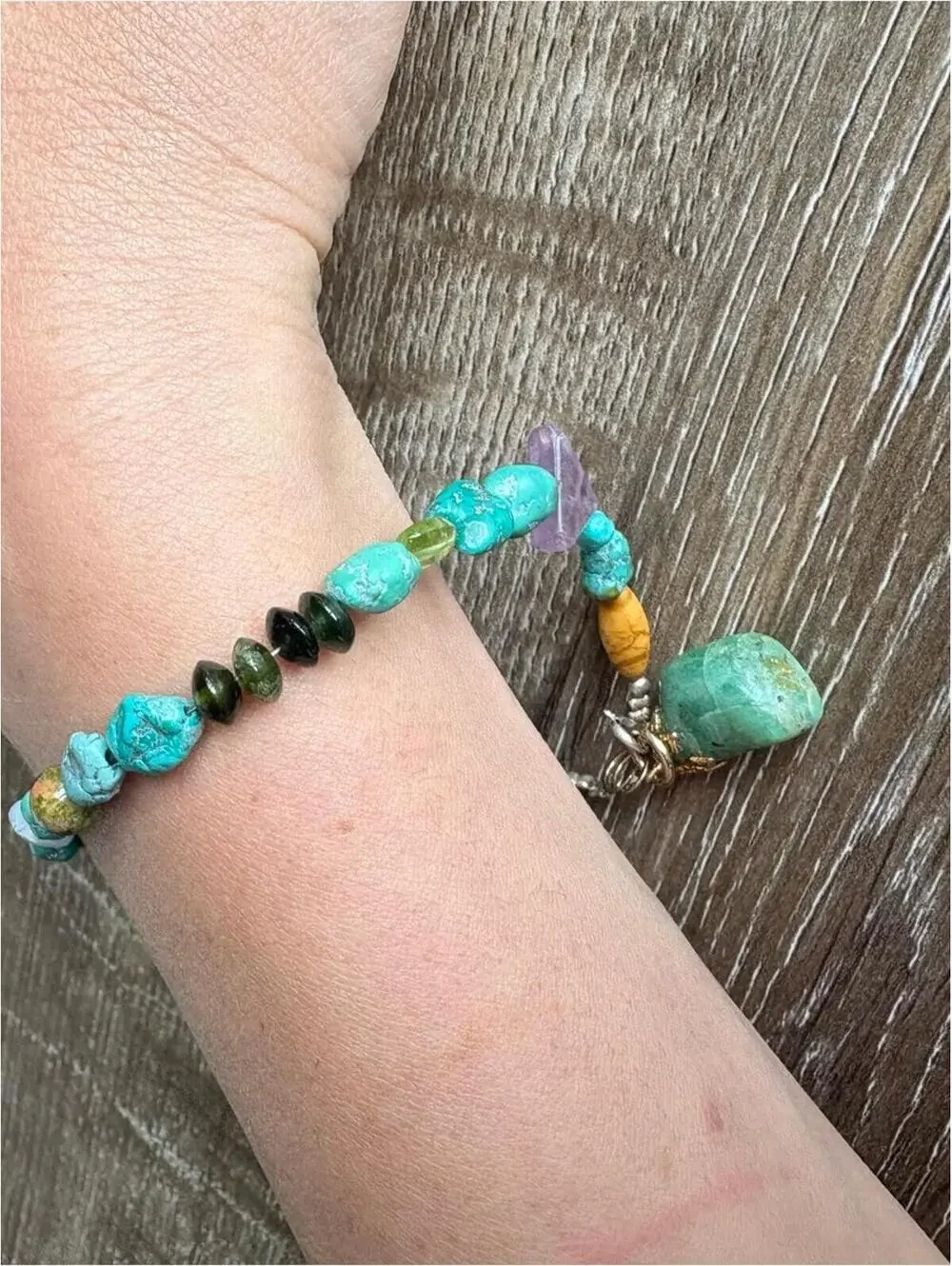 Turquoise Bead Bracelet with Green and Coral Accents